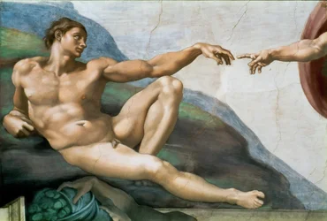 Die Erschaffung Adams. Detail der Decke der Sixtinischen Kapelle im Vatikan, 1508-1512