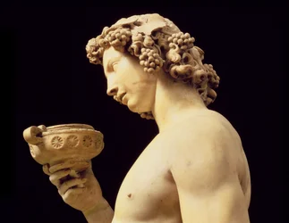 Die Trunkenheit des Bacchus, Detail seines Kopfes, Skulptur von Michelangelo Buonarroti (Detail)