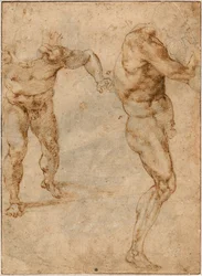 Zwei Aktstudien eines Mannes, der nach vorne stürmt, und eines anderen, der sich nach rechts dreht, ca. 1504