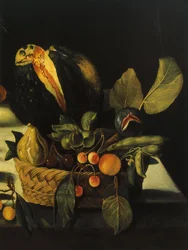 Stillleben mit Blumen und Früchten, von Meister des Hartford-Stilllebens, ca. 1600-10 (Detail)