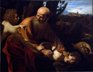 Die Opferung Isaaks. Ein Engel hält Abrahams Hand vor der vom Herrn befohlenen Opferung seines Sohnes Isaak zurück. Gemälde von Michelangelo Merisi, genannt Caravaggio oder il Caravaggio (1571-1610), 1594-1596. Maße: 104 x 135 cm. Florenz, Galleria degli