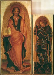 Heiliger Jakobus mit Heiligen, Detail von St. Jakobus und Erzengel Michael, ca. 1450 (Detail)