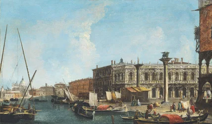 Eingang zum Canal Grande in Venedig mit der Piazetta und der Libreria Marciana rechts, der Dogana und Santa Maria della Salute links