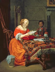 Eine Frau liest einen Brief in Anwesenheit eines Schwarzen Bediensteten, 1670