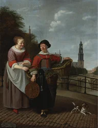 Eine Gemüsehändlerin und eine Hausfrau an der Eenhoornsluis in Amsterdam, im Hintergrund der Westertoren