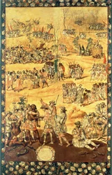 Das Treffen zwischen Hernando Cortes (1485-1547) und Montezuma (1466-1520), Tafel aus der Eroberung Mexikos
