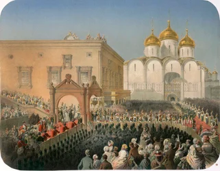 Prozession der Zarin Alexandra Fjodorowna zur Mariä-Entschlafens-Kathedrale, Moskau, 1856