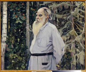 Porträt des Schriftstellers Leo N. Tolstoi (1828-1910). Gemälde von Mikhail Vasilyevich Nesterov (1862-1942), Öl auf Leinwand