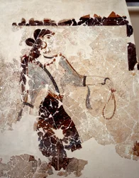 Minoische Zivilisation: Frauen bei der Anbetung. Detail. Fresko aus dem Lustralbecken von Xeste 3 in Akrotiri (Thera), Santorin. Maße 143x381 cm, 16. Jahrhundert v. Chr., Santorin, Sammlung von Fresken aus Akrotiri auf Thera