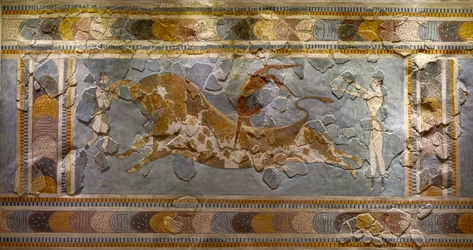 (Detail) des Stier-Sprung-Freskos. Gefunden in Knossos