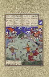 Der Kampf von Rustam und Ashkabus, Folio 268v aus dem Shahnama Buch, ca. 1525-30