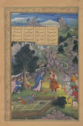 Ein König bietet einer trauernden Mutter Wiedergutmachung an, Folio aus einem Khamsa..., 1597-98