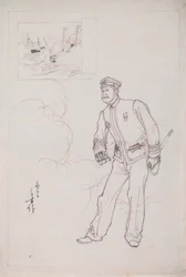 Vorbereitende Zeichnung für einen Holzschnitt, der einen japanischen Marineoffizier während des Chinesisch-Japanischen Krieges darstellt
