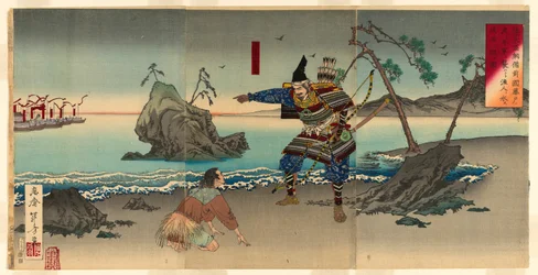 Sasaki Moritsuna fragt einen Fischer nach den Untiefen, wo seine Truppen den Taira-Streitkräften bei Fujito in der Provinz Bizen überqueren und angreifen können (Sasaki Moritsuna Bizen no kuni Fujito no watari ni Heigun o osowanto gyojin ni mizu no senshin