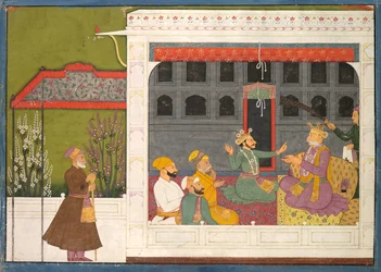 Shispul streitet mit Rukminis Vater, Bhishmaka, Seite aus einer Rukmini Mangal Serie, ca. 1800