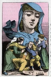 Allegorie der Amnestie im 19. Jahrhundert in „Le Trombinoscope“ von Touchatout, Karikatur von B. Moloch von 1882 (1849-1909). Private Sammlung.