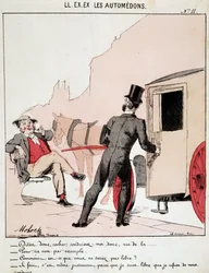 HE. EX. EX. Motoredons: Karikatur des Transports in der Stadt. Ein Bürger bittet einen Kutscher, ihn in eine Straße zu bringen, und ist überrascht, dass dieser ablehnt, obwohl er frei ist. Der Fahrer sagt, dass er gerade deshalb ablehnt, weil er frei in se