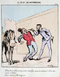 HE. EX. EX. Motoredons: Karikatur des Transports in der Stadt. Ein Bourgeois bittet höflich einen Kutscher, ihn zu fahren, während er ihn mit Waffen bedroht. Zeichnung von Moloch (1849-1909), um 1860.