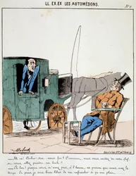 HE. EX. EX. Motoredons: Cartoon des Transports in der Stadt. Ein Kutscher zahlt pünktlich und hält an einem Café an, um ein Bier zu trinken, während die Bourgeois, die er befördert, schimpfen. Zeichnung von Moloch (1849-1909), um 1860