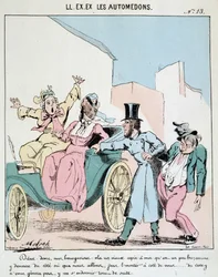 HE. EX. EX. Motoredons: Cartoon des Transports in der Stadt. Ein Kutscher nimmt einen betrunkenen Freund in die Kutsche neben zwei entsetzten Bourgeois-Frauen. Zeichnung von Moloch (1849-1909), um 1860