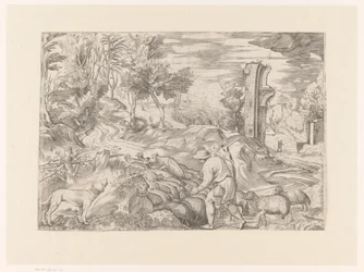 Landschaft mit Hirten und Schafherde