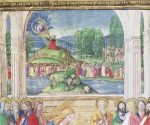Ms 542 f.3v Moses empfängt die Gesetzestafeln von Gott, aus einem Psalter, geschrieben von Don Appiano aus der Kirche der Badia Fiorentina, Florenz (Detail)