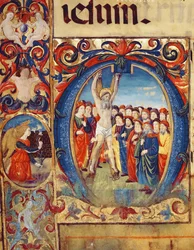 Ms 543 f.5v Historisierte Initiale O mit der Kreuzigung des hl. Andreas, aus einem Psalter, ca. 1515