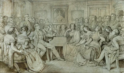 Ein Abend bei Baron Spaun, Schubert am Klavier, Tenor Johann Michael Vogl singt (Tinte, Sepia)