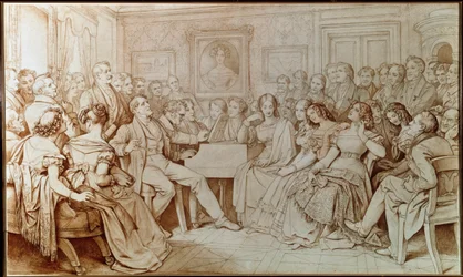 Der Komponist Franz Schubert begleitet den Tenor Johann Michael Vogl bei einem musikalischen Abend bei Baron von Spaun