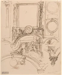 Architektonische Details für eine Wanddekoration mit Kaiserin Maria Theresia, die den jungen Wolfgang Amadeus Mozart umarmt