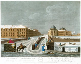 Blick auf den Fontanka-Kanal und die Kasernen, Illustration für November aus Ein Jahr in St. Petersburg, geätzt von John H. Clark, koloriert von M. Dubourg