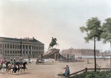 Ansicht des Platzes von Peter dem Großen und des Senatshauses in St. Petersburg, Illustration für Mai aus 