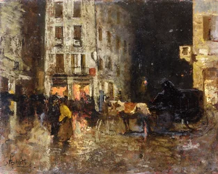 Eine Straßenszene bei Nacht