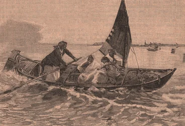 Überquerung der Lagune, Chioggia, Venetien, Italien, Holzschnitt aus Le cento città d