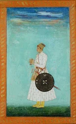 Ein junger Edelmann am Hofe der Moguln hält einen versiegelten Brokatumschlag, ca. 1670-80, aus dem Großen Clive Album