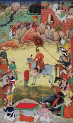 Adham Khan huldigt Akbar in Sarangpur, Zentralindien, 1560 oder 1561, aus dem Akbarnama, 1590-98