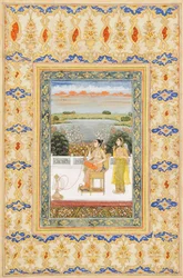 Albumseite: Gulbadan Begum raucht auf einer Terrasse, Delhi, ca. 1800