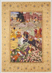 Kampfszene: Die Pandavas angeführt von Krishna gegen die Kauravas angeführt von Bhishma, spätes 16. Jahrhundert