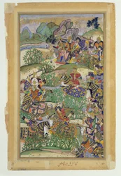 Kaiser Akbar (r.1556-1605) in der Schlacht von Samal im Jahr 1572, aus dem Akbarnama von Abul Fazi, 1590-98