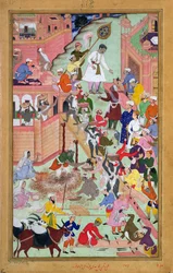 Kaiser Akbar (r.1556-1605) inspiziert die Bauarbeiten in Fatepur Sikri, Stadt fertiggestellt 1584, aus dem Akbarnama, 1590-98
