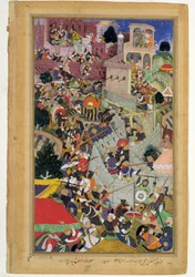 Kaiser Akbar (r.1556-1605) erschießt Saimal bei der Belagerung von Chitov im Jahr 1567, aus dem Akbarnama von Abul Fazi, 1590-98