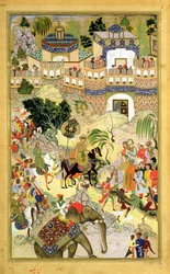 Kaiser Akbars triumphaler Einzug in Surat, aus dem Akbarnama von Abul Fazi (1515-1602), 1590-98