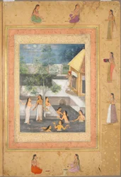 Harem-Nachtbadeszene (recto): Kalligraphie eingerahmt von einer ornamentalen Bordüre aus Blumen und Vögeln (verso), ca. 1650