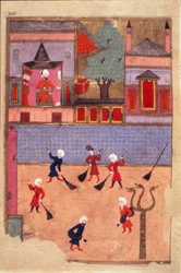 Straßenkehrer. Seite aus dem „Nickname-i Humayun“ (Buch der Festlichkeiten) (ms. hazine 1344, fol. 341 a) illustriert von Osman. ca. 1582 (Istanbul) Istanbul, Topkapi Seray