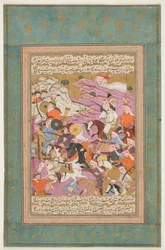 „Schah Ismail besiegt Amir Husayn und Murad Beg“, aus Bijans Tarikh-i Jahan-gusha-yi Khaqan-i Sahib Quiran (Eine Geschichte von Schah Ismail I). Iran, Isfahan, ca. 1688