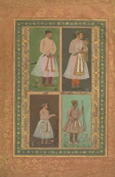 Vier Porträts: oben links Ein Raja Vielleicht Raja Sarang Rao, von Balchand..., ca. 1610-15
