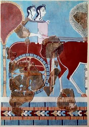 Mykenische Kunst: Paar auf einem Streitwagen. Fragment eines Freskos aus dem Palast von Tiryns und Rekonstruktion