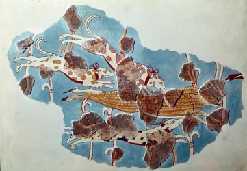 Mykenische Kunst: Jagdszene, Hunde jagen ein Wildschwein. Fragment eines Freskos aus dem Palast von Tiryns und Rekonstruktion