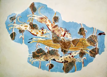 Fresko, das eine Jagdszene darstellt, aus Tiryns, Griechenland