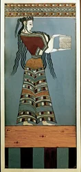 Mykenische Kunst: Eine Dame-Kurtisane von Mykene. Fresko aus Tyrins, original 13. Jahrhundert v. Chr. (Fresko)